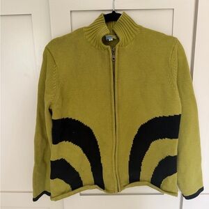 Vintage Olive Green Zip-Up Knit Cardigan with Black Wave Detail